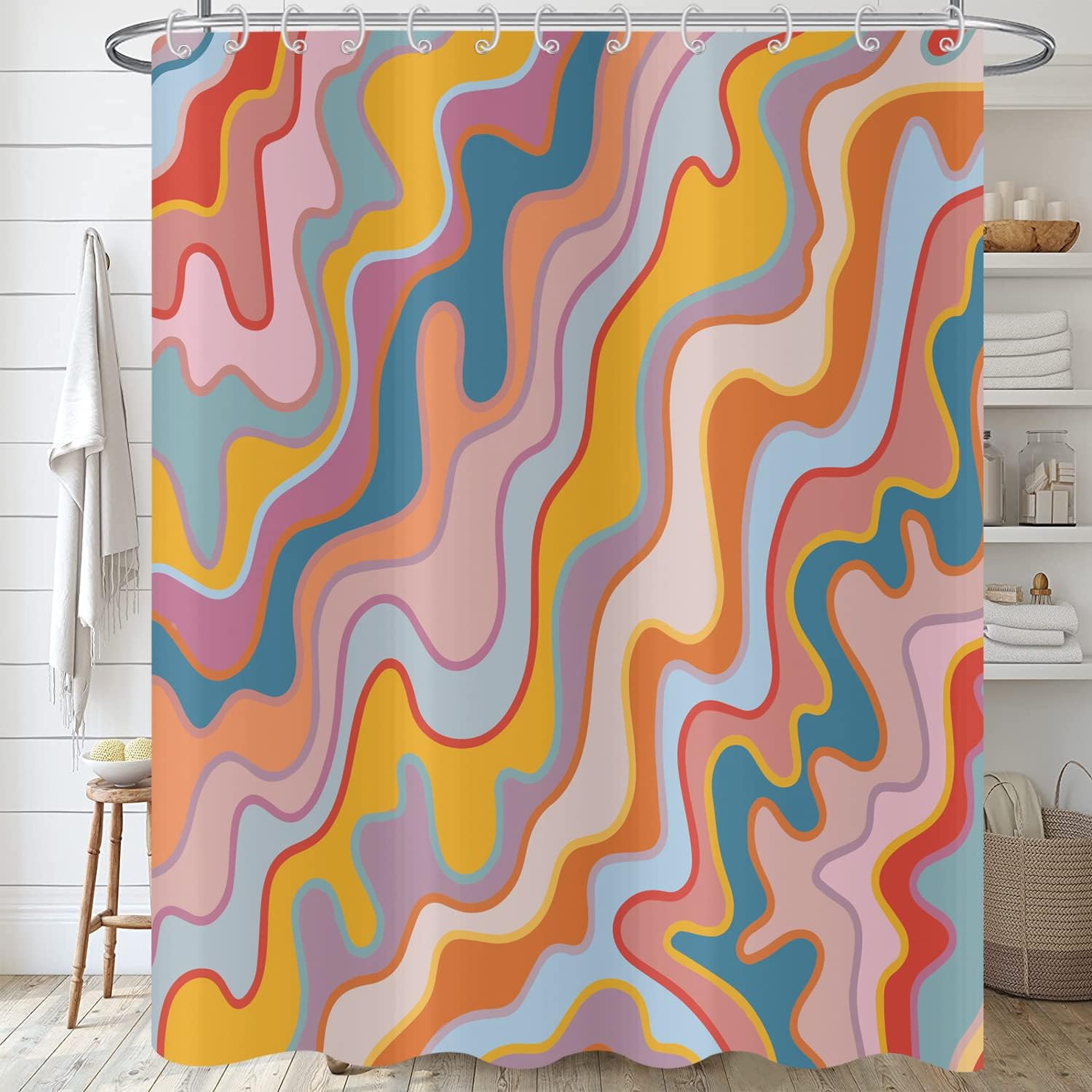 Zasłona prysznicowa w stylu vintage, abstrakcyjna, 180x180, pastelowa tęcza, kolorowe, modne fale, geometryczne paski, retro, estetyczna zasłona do w