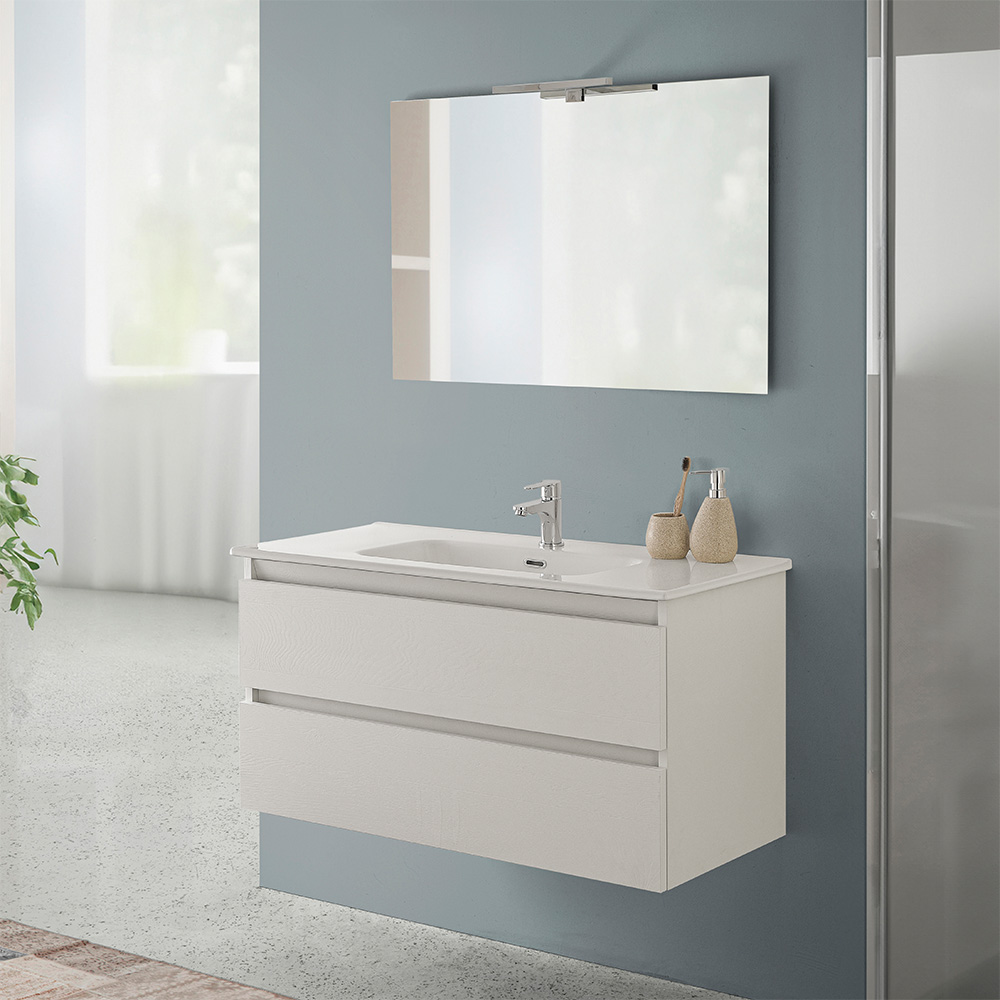 Mobile Bagno Sospeso PORTO - Bianco/Olmo, 2 Cassetti Soft-Close, Lavabo Ceramica, Specchio LED 80x60 Cm - Foto 2