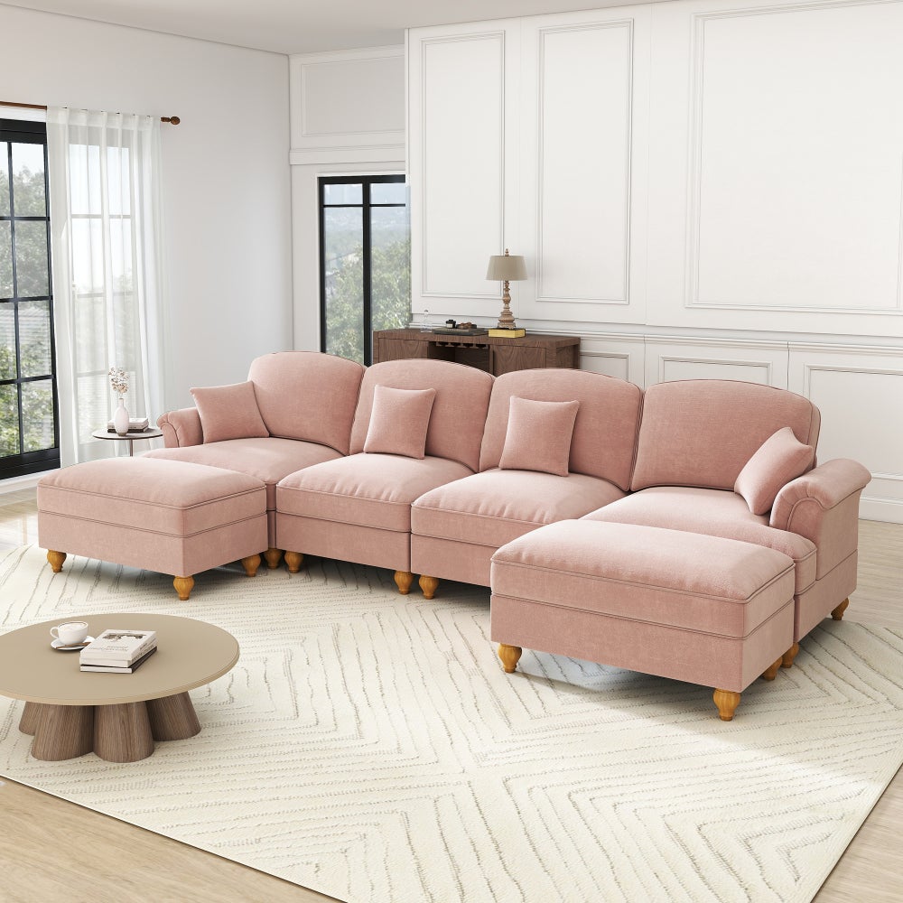 Sofa Cloud, modułowa, w kształcie litery U, 4-osobowa, z pufem, różowa