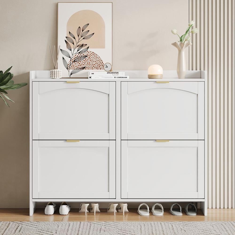 Armoire à chaussures moderne avec 4 compartiments, étagère ouverte, pour entrée ou couloir, blanc, L110/H90/P24 cm. - 5