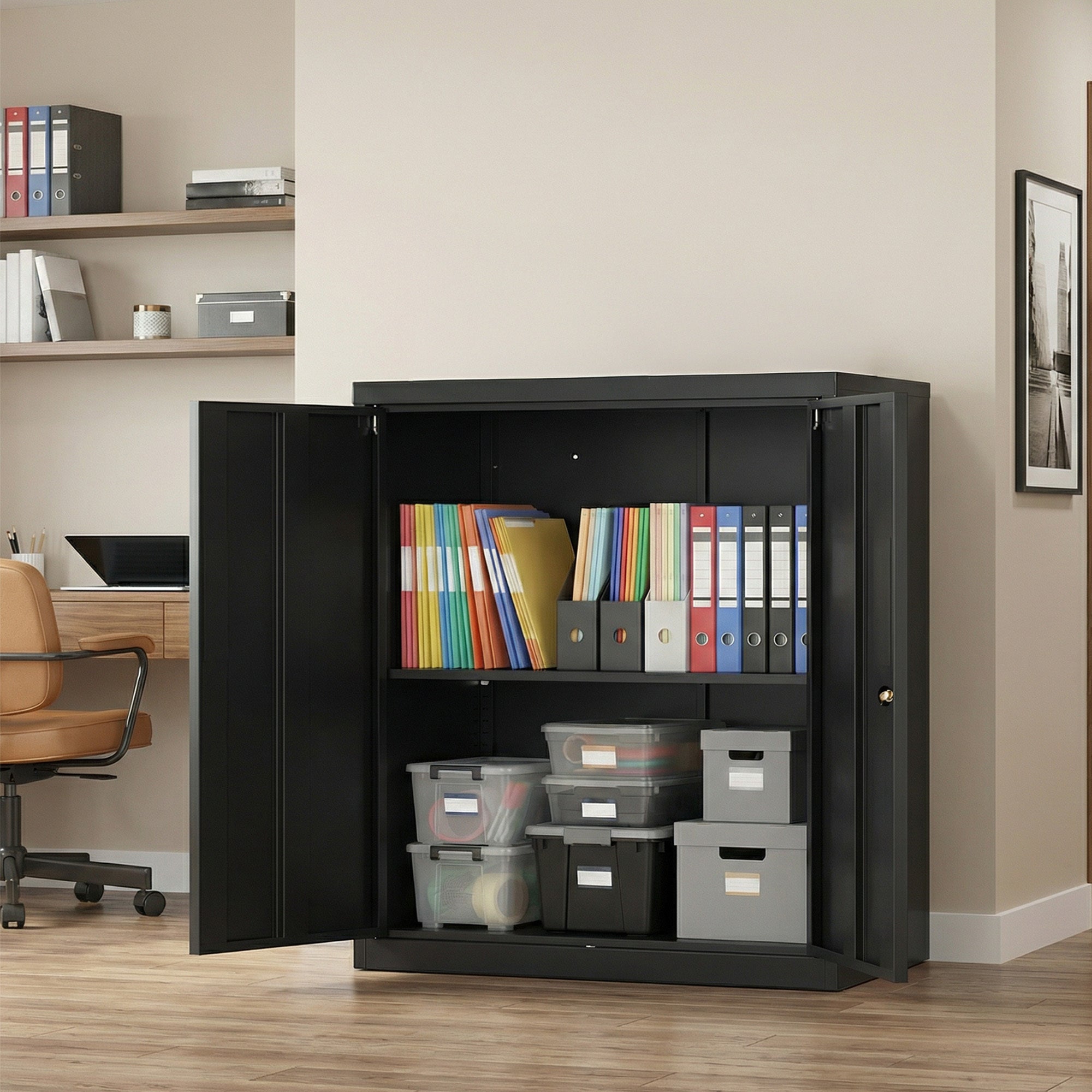 Armoire en Acier à 2 Portes, Verrouillable, Étagère Réglable, Meuble de Rangement pour Bureau, 80 x 40 x 90 cm, Noir - 2