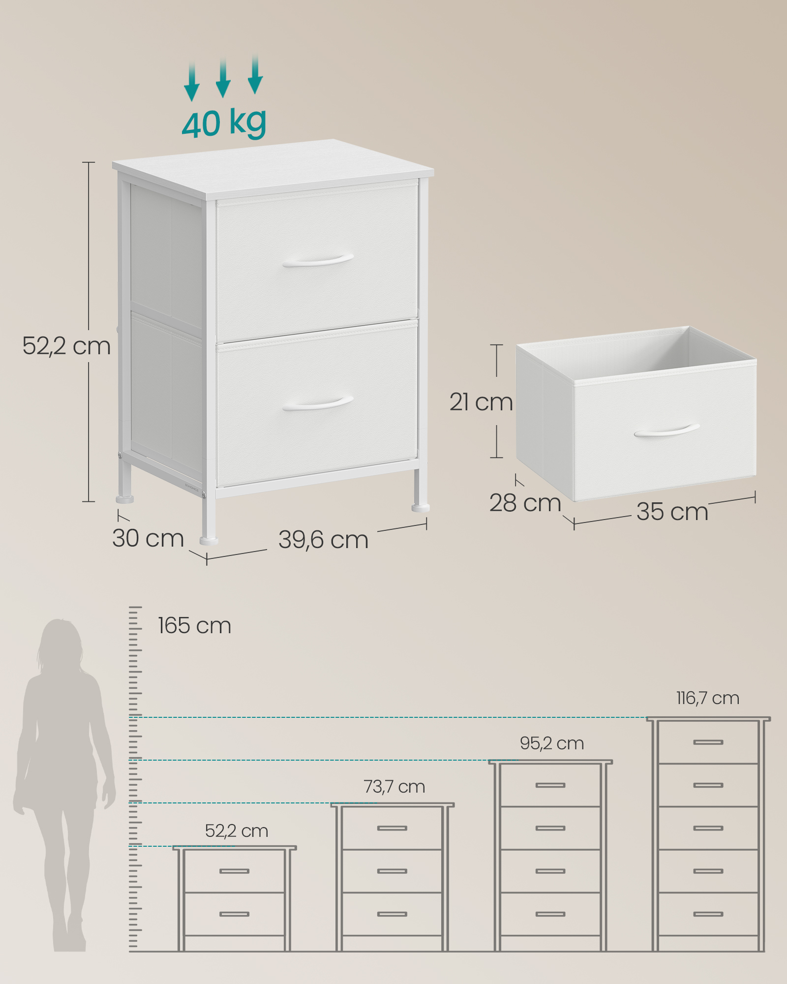 Cómoda con 2 Cajones para Dormitorio, Mueble de Almacenaje, Acero, MDF, Tela no Tejida, Blanco - 6