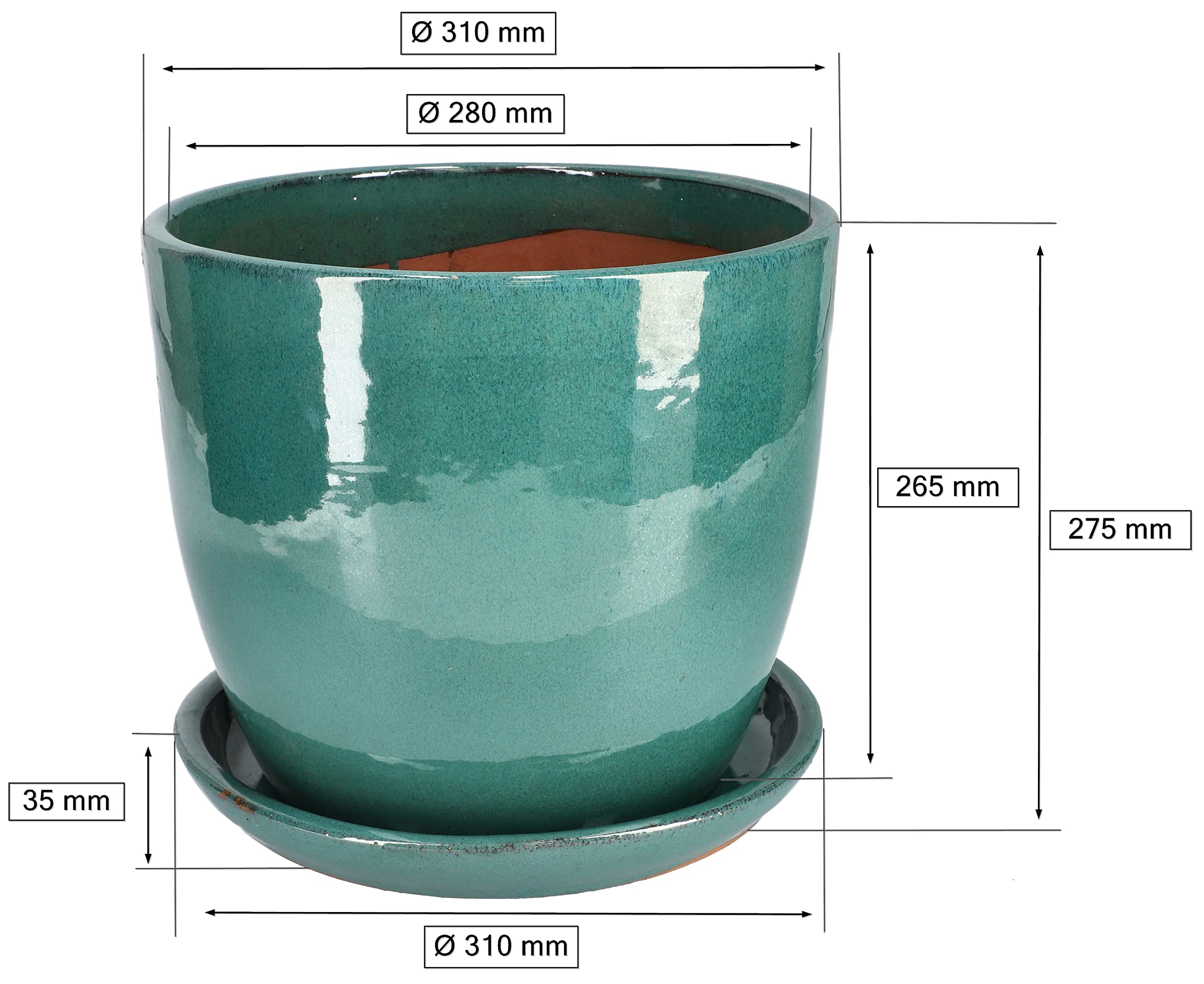 Pot de Fleurs de Jardin, Diamètre : 31 cm, en Céramique Émaillée, Turquoise, Avec Bac d'Égouttement - KOTARBAU - 2