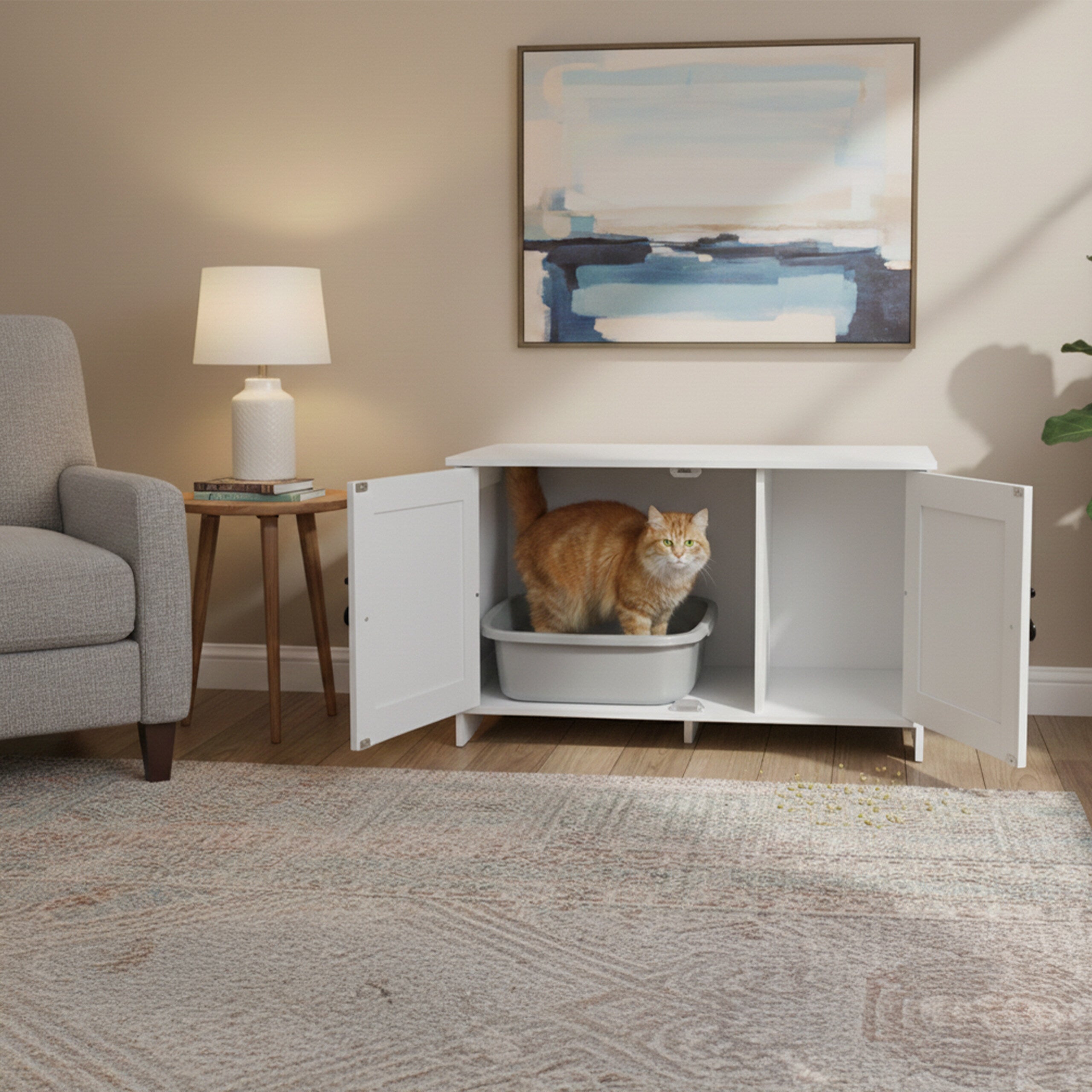 Armário para caixa de areia para gatos com fechadura e divisória, entrada lateral, 46 x 78,5 x 44,5 cm, branco, Relaxdays - 5