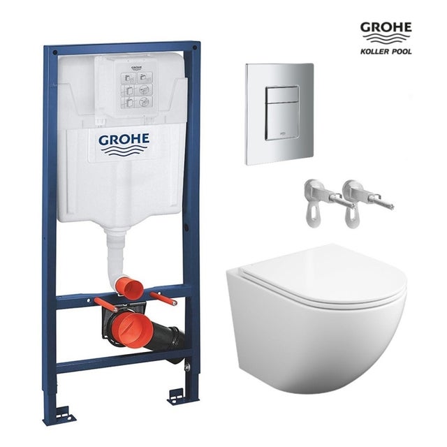 BASTIDOR GROHE PACK CISTERNA EMPOTRADA Y PULSADOR CROMO CON KP INODORO SUSPENDIDO ROUND SMART 52cm TOR 3 CON ASIENTO FINO DE KP