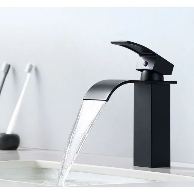 Nowoczesna, czarna bateria umywalkowa typu wodospad, bateria łazienkowa do umywalki nablatowej, odpowiednia do umywalek wpuszczanych