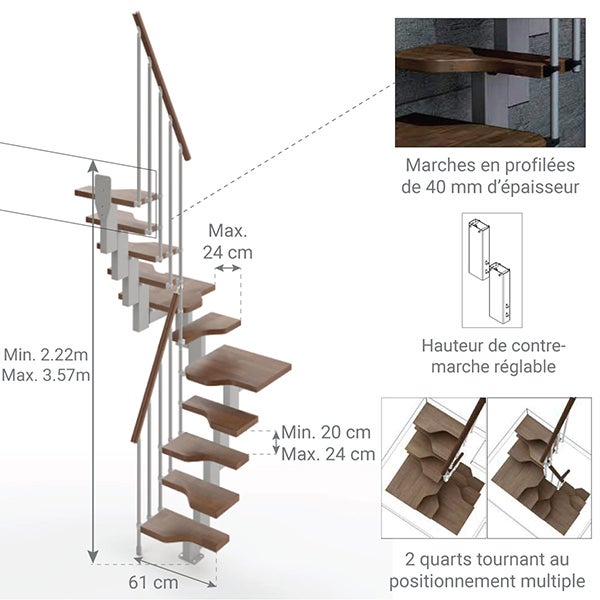 Escalier 2 quart tournant 14 marches - Hauteur à franchir de 3.01 à 3.57m - Largeur 61cm - Couleur noyer et gris - MINI61/U/SGMNOY-14 - 2