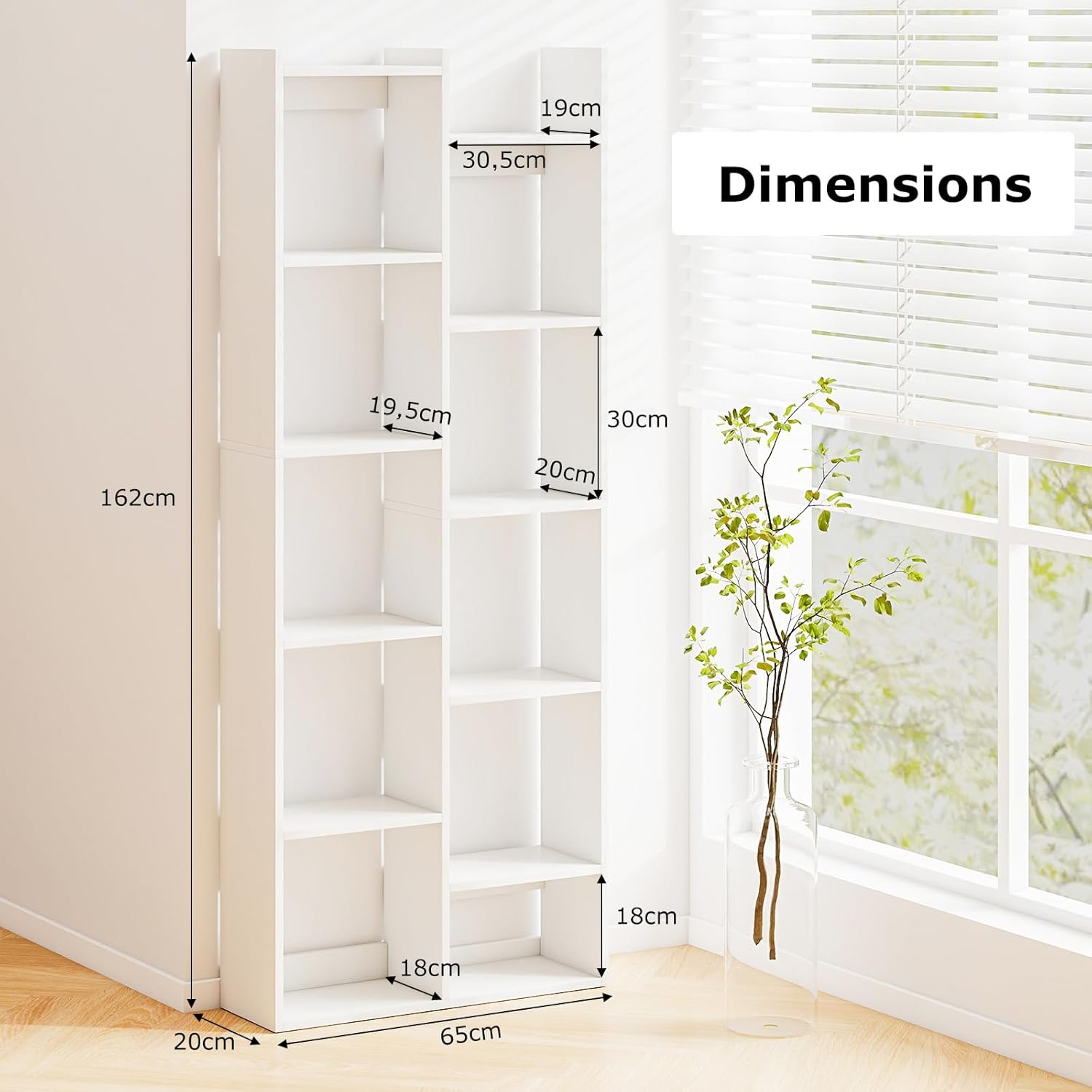 Librerías 160 cm con 12 Cubos, Estanteria Blanca Gran Capacidad con Kit Antivuelco, Estantería de Exhibición de Madera, Mueble Organizador, pa - 3