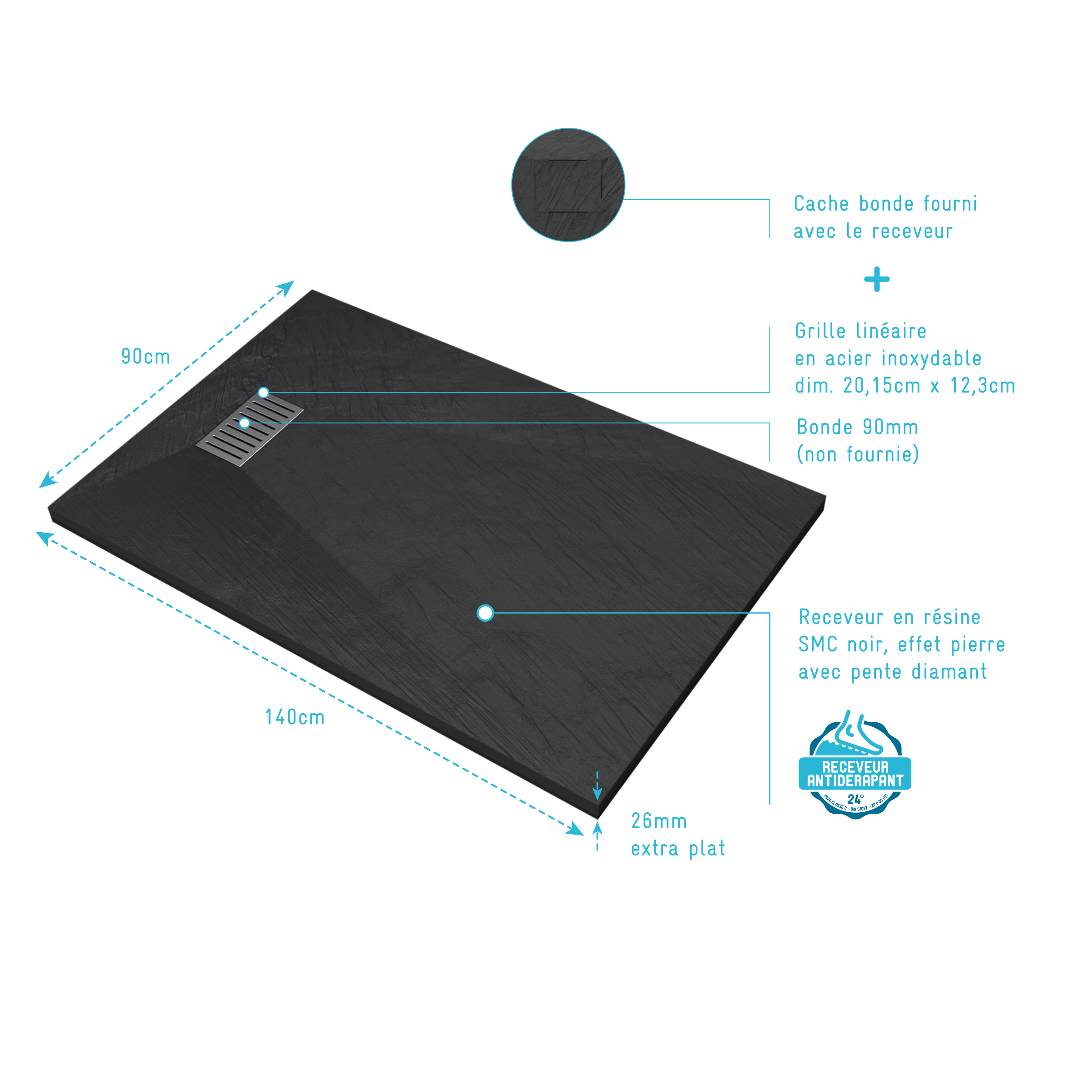 Receveur de douche Noir Effet Pierre 90x140 cm et Grille décor Linéaire en Inox - 4