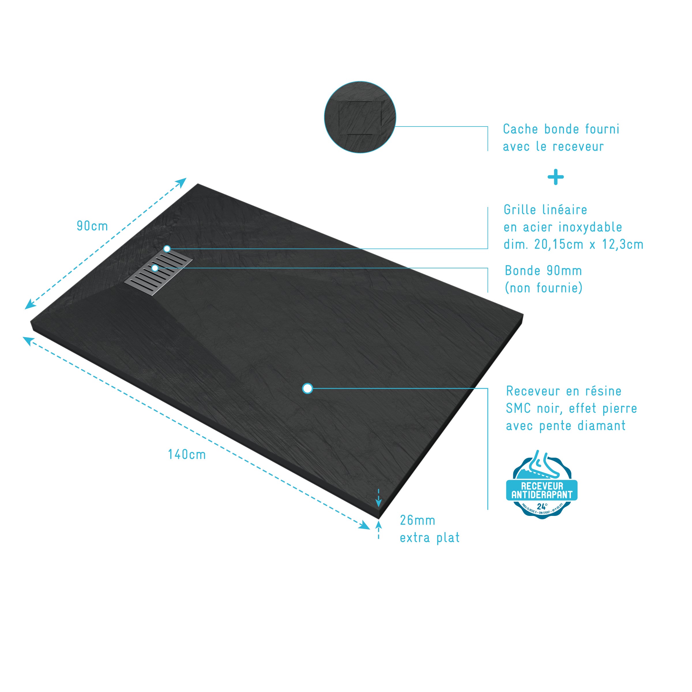 Receveur de douche Noir Effet Pierre 90x140 cm et Grille décor Linéaire en Inox - 4