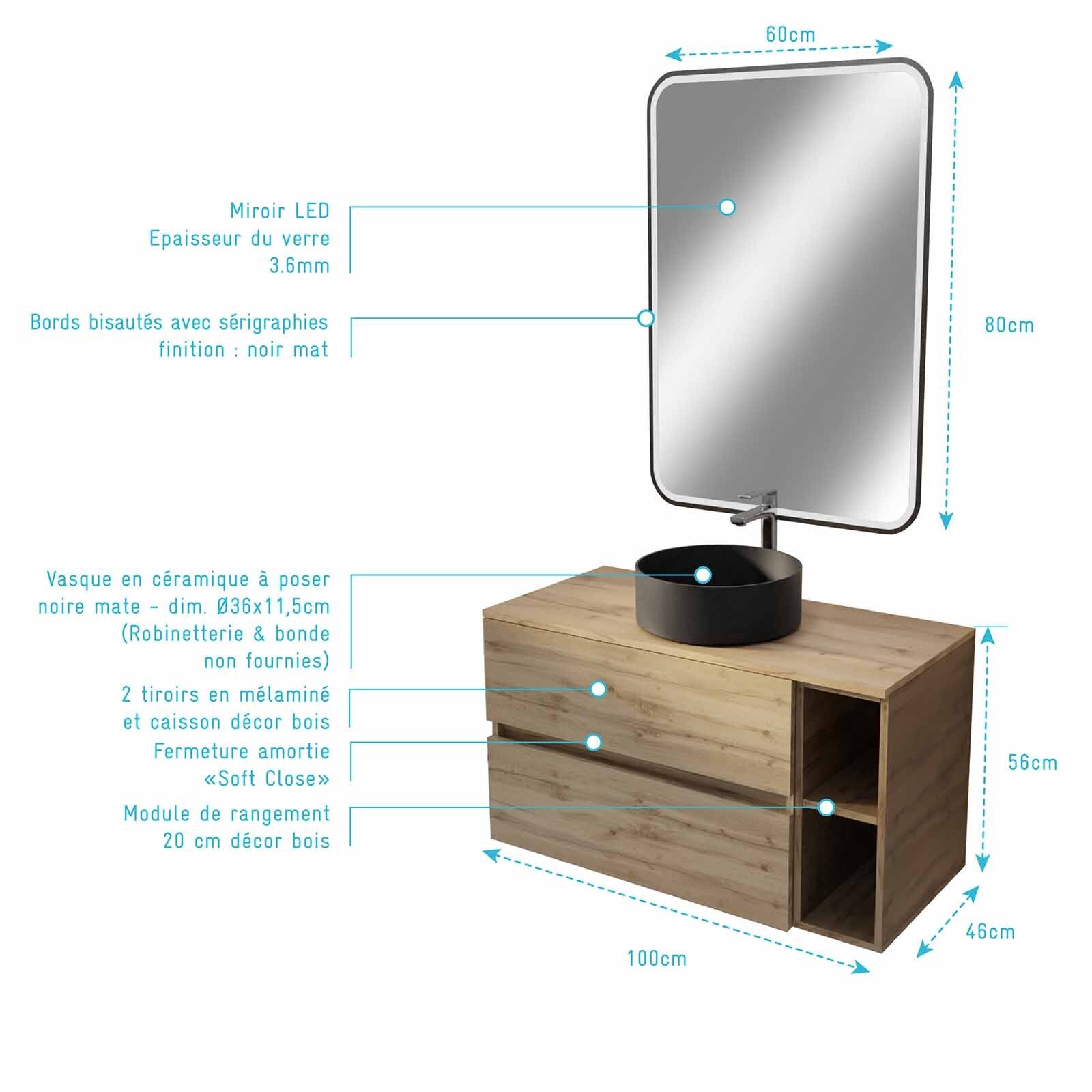 Meuble salle de bains 100 TIMBER Décor Chêne 2 Tiroirs, Vasque Noire, Miroir 60x80 LED bord Noir - 4