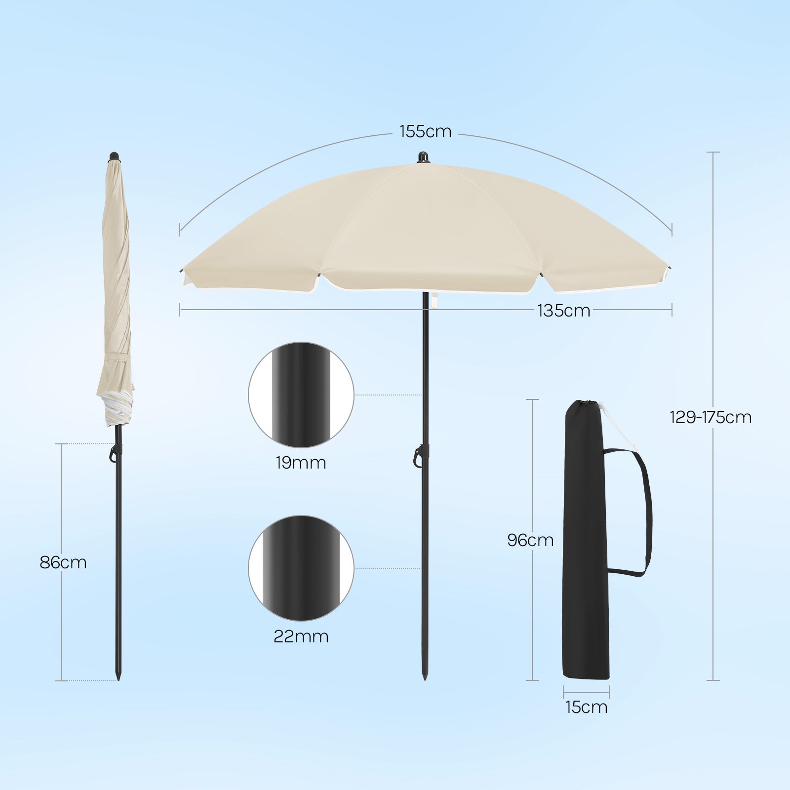 Parasol de Jardin WOLTU, Parasol Inclinable Ø135 cm, Hauteur Réglable, en Tissu Anti-UV à UPF 50+, Beige - 4