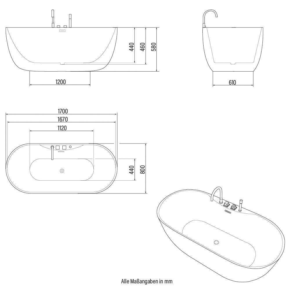 HOME DELUXE - Baignoire îlot - LENI - Blanc, avec robinetterie noire - Dimensions : env. 170 x 80 x 58 cm - Capacité : 235 litres, avec trop-plein, - 8