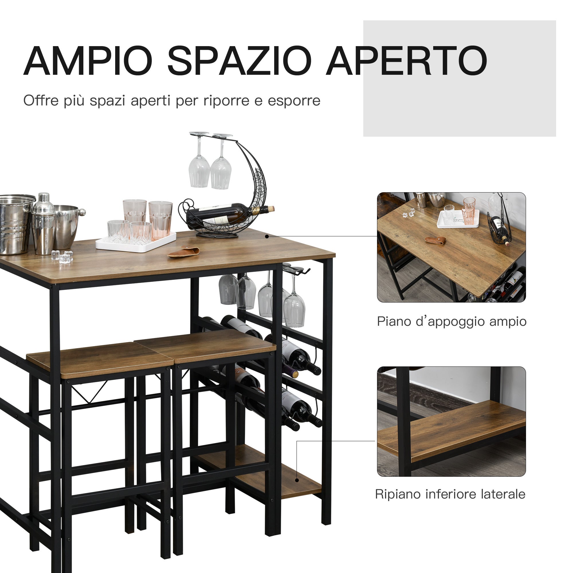 HOMCOM Set Tavolo 2 Sgabelli Alti Da Bar In Legno Isola Cucina Con Portabottiglie E Portabicchieri In Stile Industriale - 4