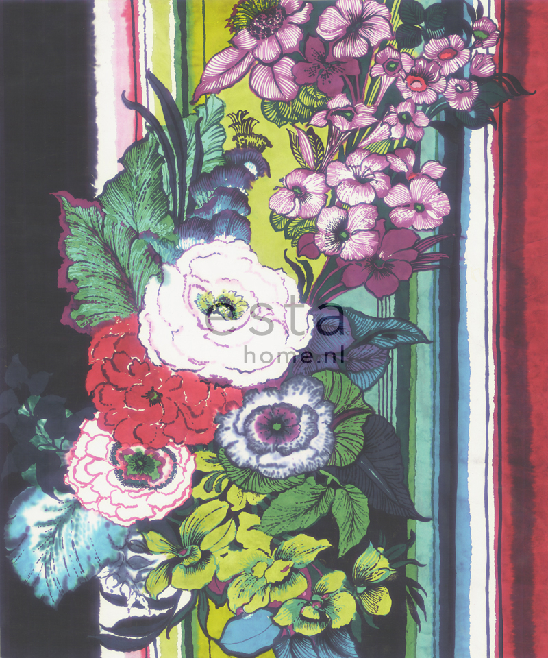 Fotomural flores negro, rojo, azul, blanco y verde - 232,5 cm x 2,79 m - estahome