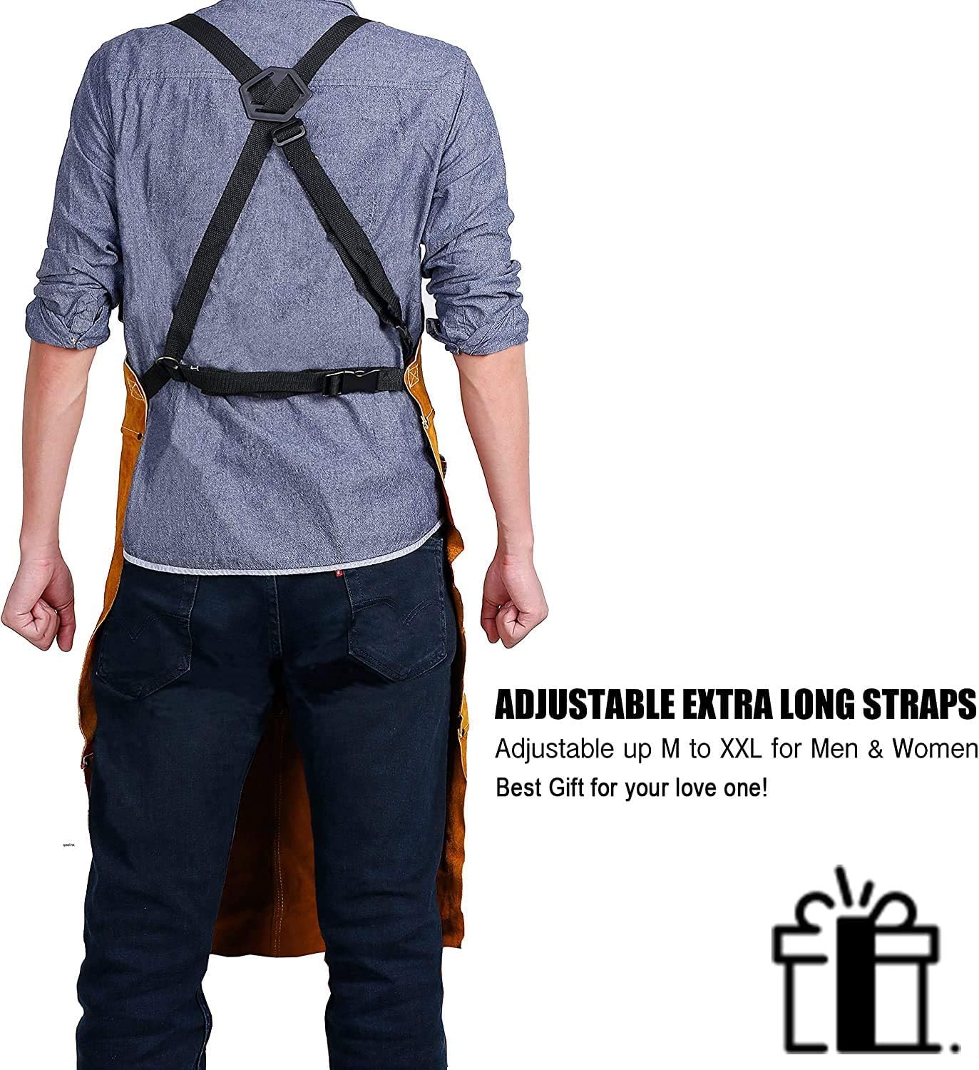 Tablier de soudeur 6 poches, tablier de travail en cuir anti-chaleur et ignifuge, tablier de charpentier pour homme réglable de M à XXXL, parfait pour - 3