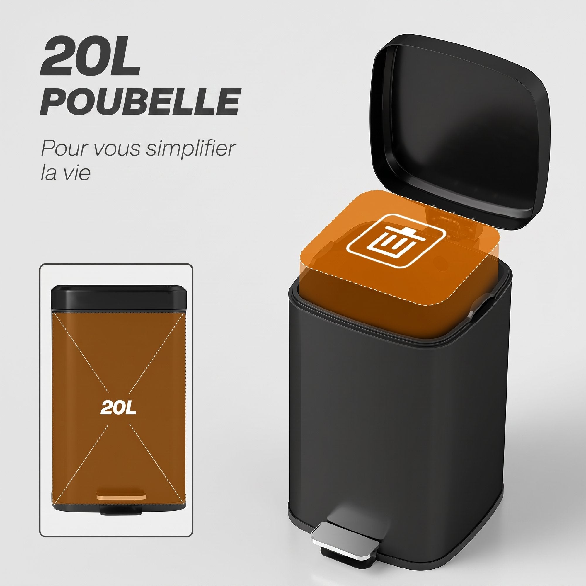 Poubelle de cuisine 20L couvercle à fermeture douce métal noir | Leroy ...