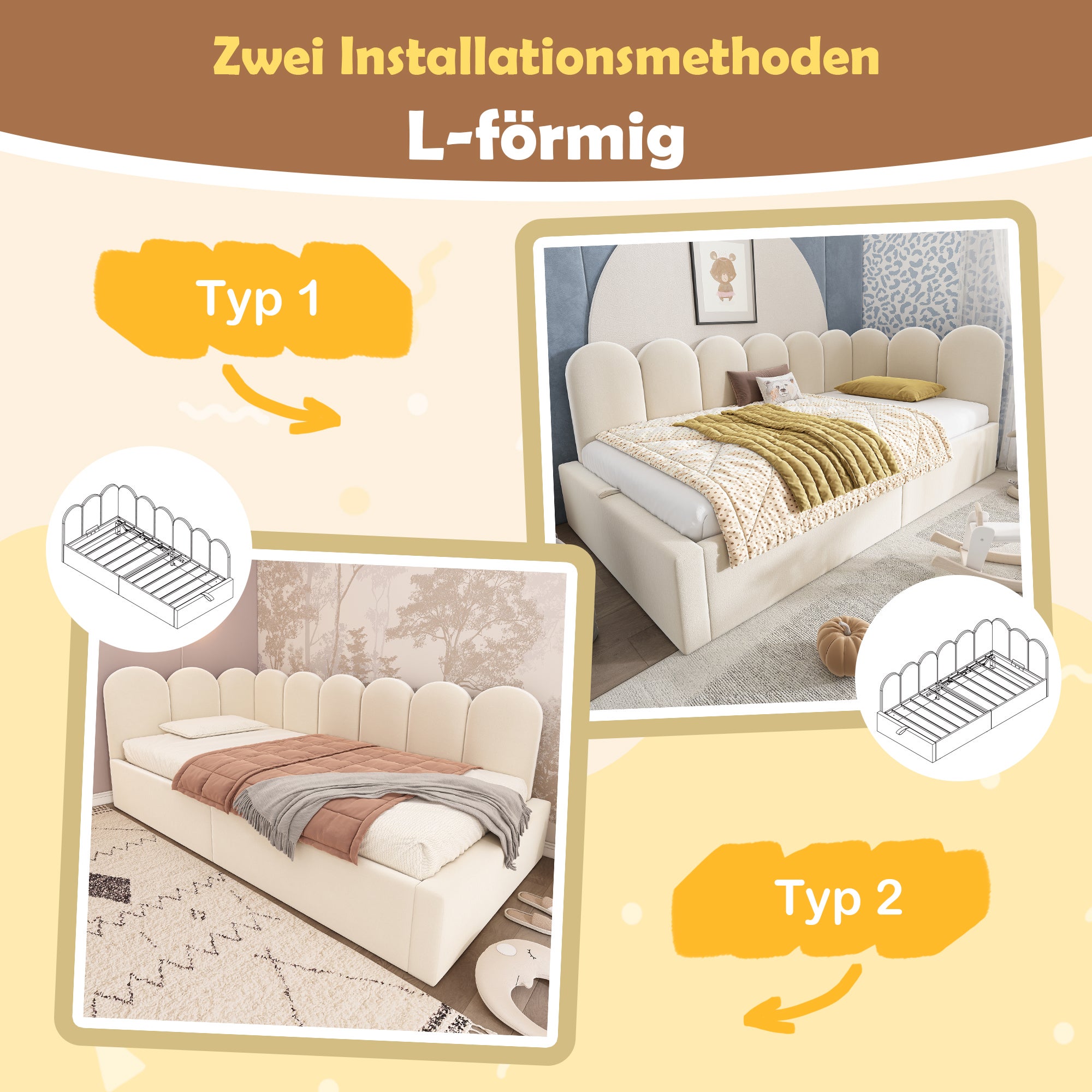 Lit coffre 90 x 190 cm avec tête de lit et dossier, canapé-lit - Velours - Sommier à lattes métalliques - Beige (sans matelas) - 6