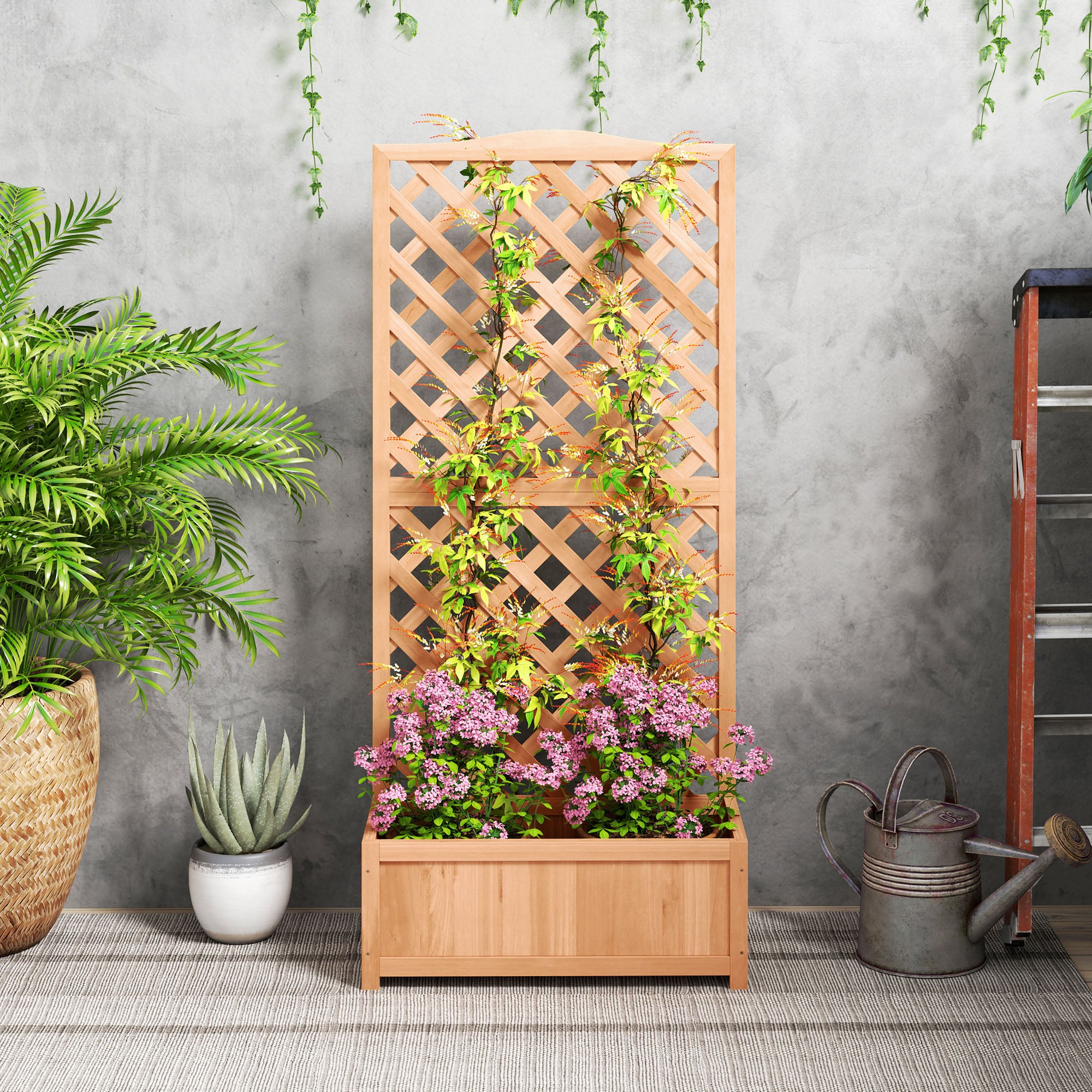 Outsunny Fioriera con Traliccio per Rampicanti e Fondo Ampio, in Legno di Abete, 76x36x170 cm, Marrone - 9