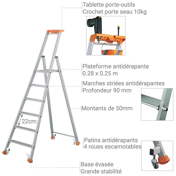 Escabeau 6 marches - Hauteur de travail max. 3,32m - 2370006R - 3