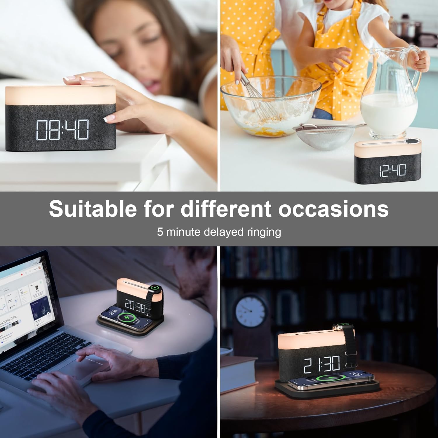 Réveil multifonction avec chargement sans fil, lampe de chevet tactile 15 W max, veilleuse 3 couleurs pour chambre, table de chevet, bureau (noir) - 6