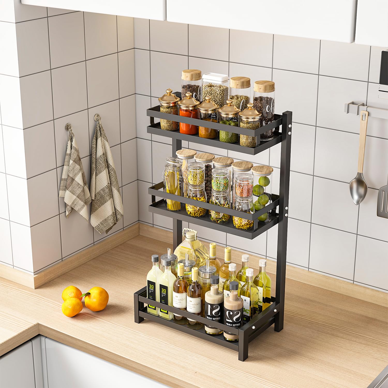Étagère de rangement pour épices de cuisine, étagère simple à trois niveaux (hors porte-couteau), noire - 2