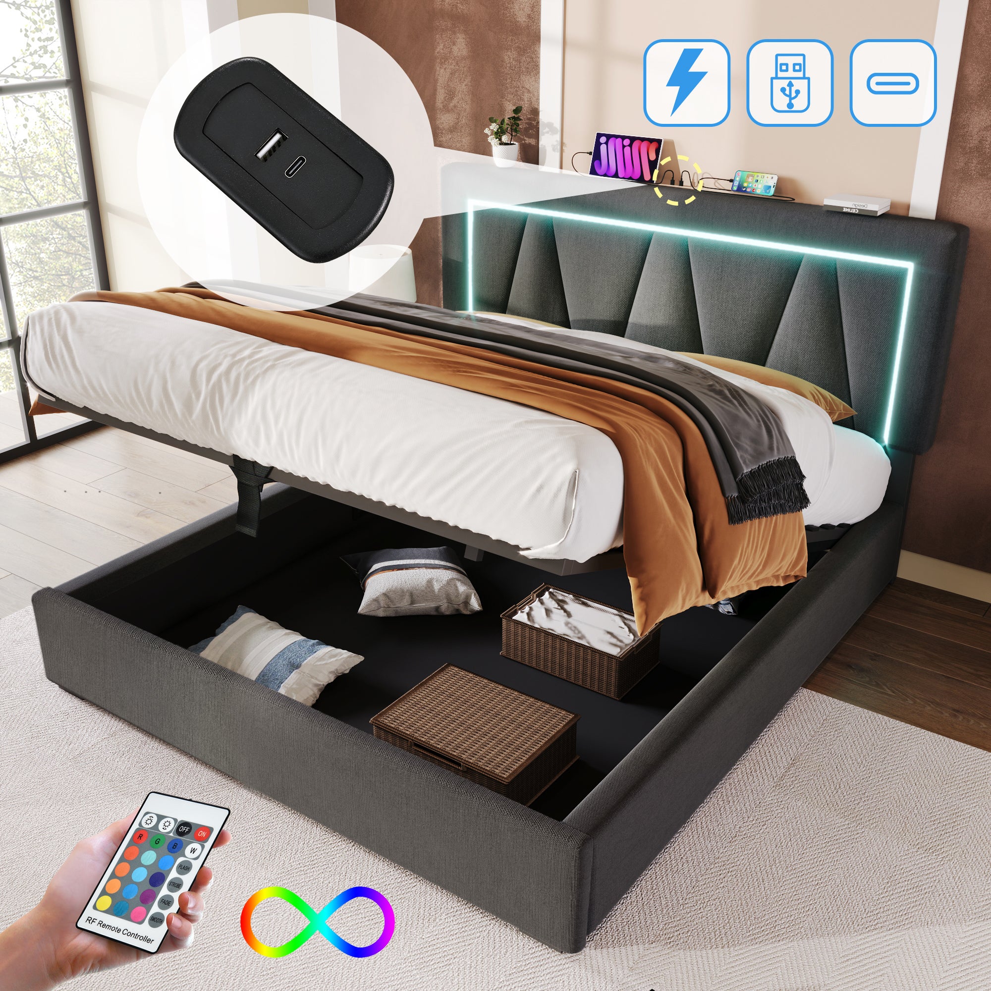 Cama contenedor 140 x 200 cm para adultos - USB + Tipo C + LED - tejido de lino - gris + Colchón - 2