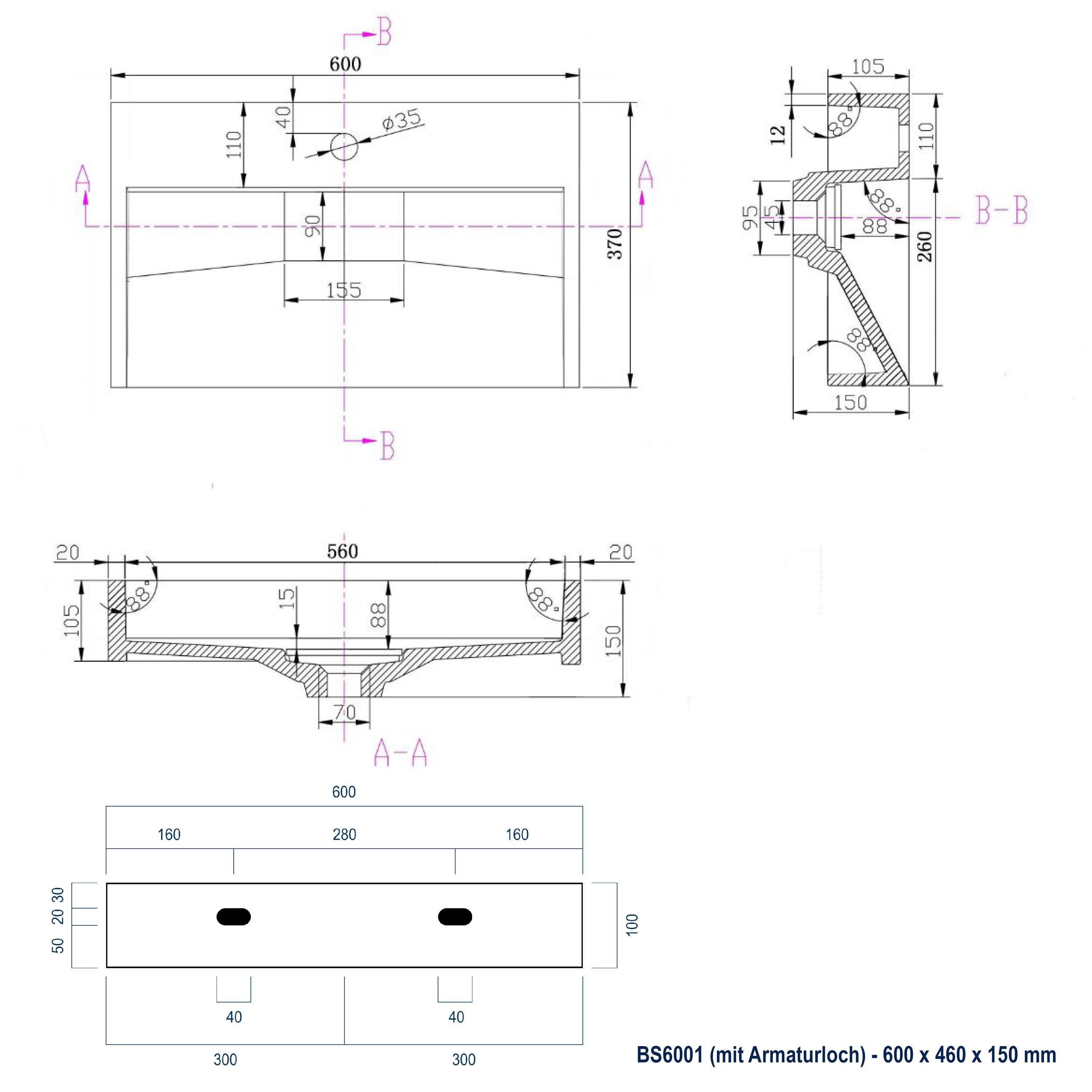 BERNSTEIN - Lavabo moderno Lavabo in marmo fuso senza foro preforato - 60x37x15cm - BS6001 - senza foro preforato - 5