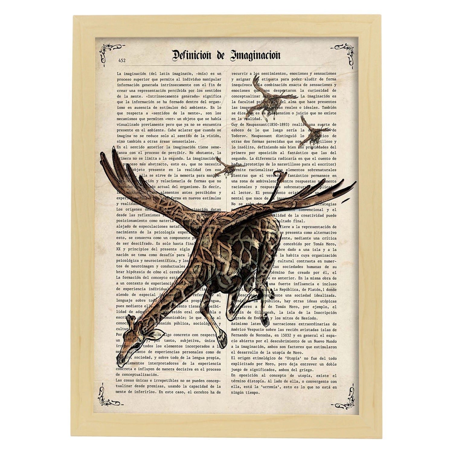 Poster de jirafa voladora. láminas de animales con definiciones. ilustraciones de animales con textos. marco blanco - a3