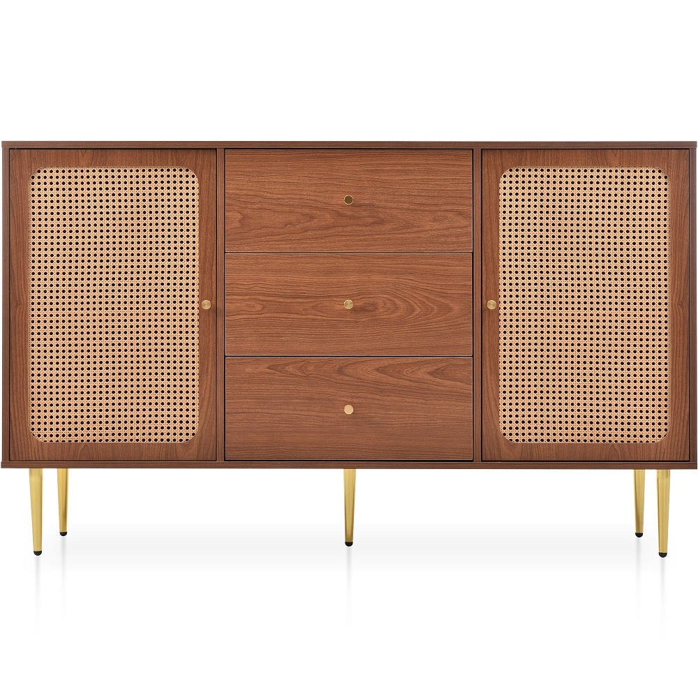 Buffet Commode avec 2 portes et 3 tiroirs portes en rotin avec tiroir, Aparadores para salón étagère réglable Marron - 3