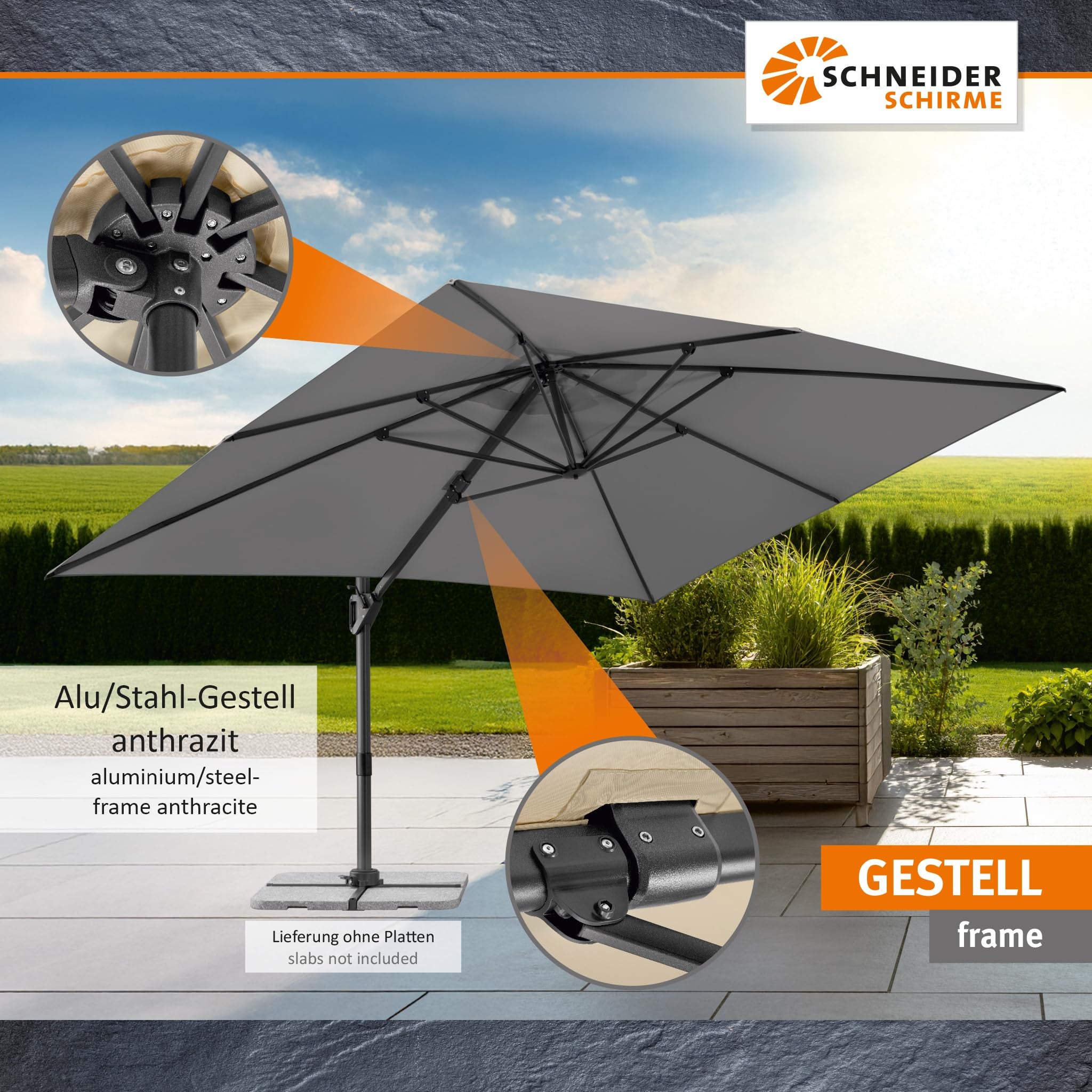 Parasol déporté Schneider Tavo anthracite, 400 x 300 cm – rotatif 360°, inclinable, avec housse et support pour dalles - 5