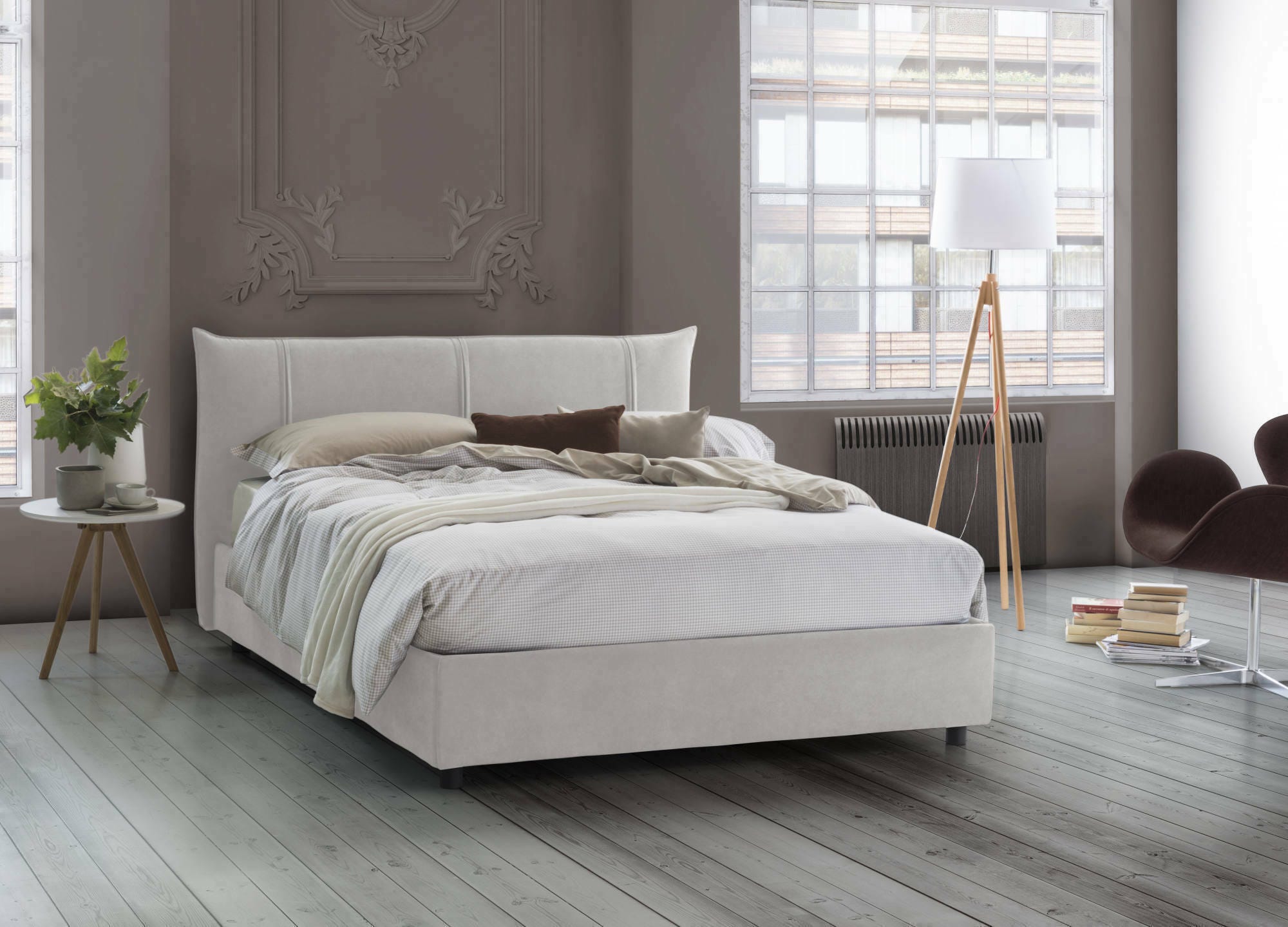 Lit Double BELARTI 140x190 Cm – Revêtement Tissu, Cadre Bois/métal, Sommier Inclus, Blanc Crème