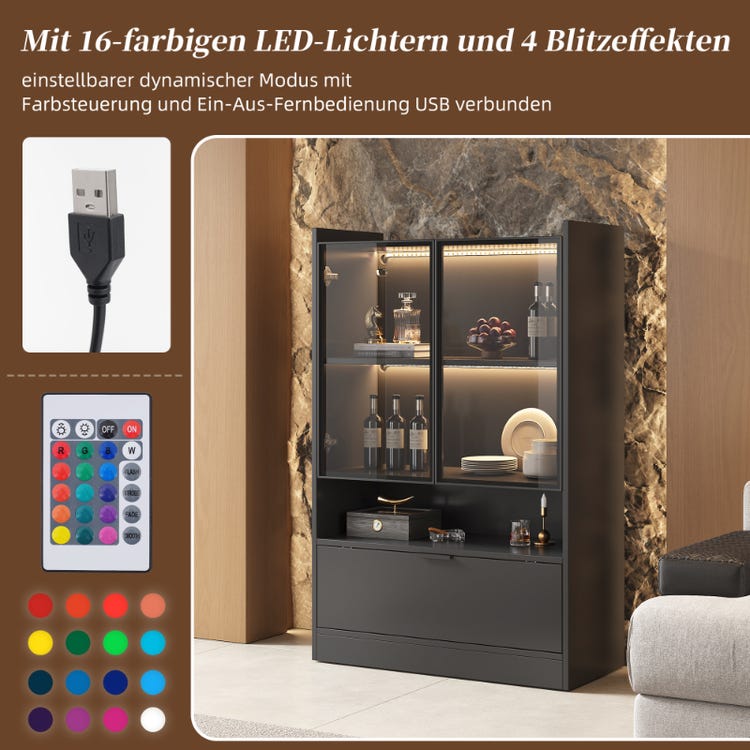 Vitrine LED 120 cm Noir Mat avec Éclairage 16 Couleurs, Armoire en Verre Moderne avec Portes Battantes et Rangements Spacieux - 6
