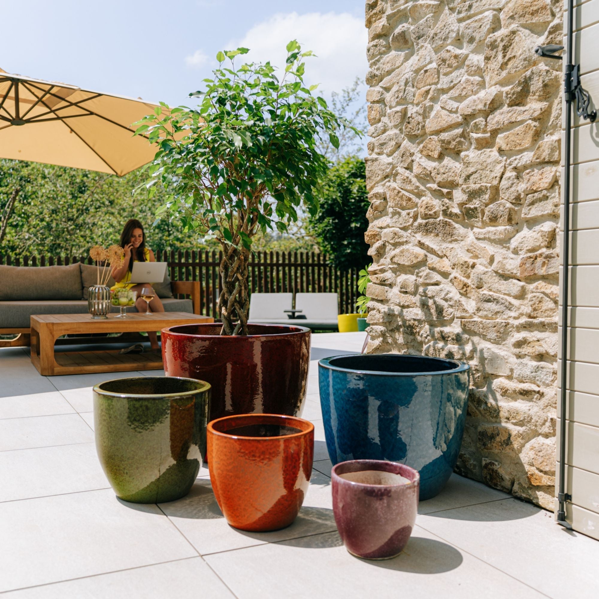 Pot grande taille d'extérieur LANCELOT 21x19cm jaune, fait main en terre cuite émaillée, résistant au gel - 4