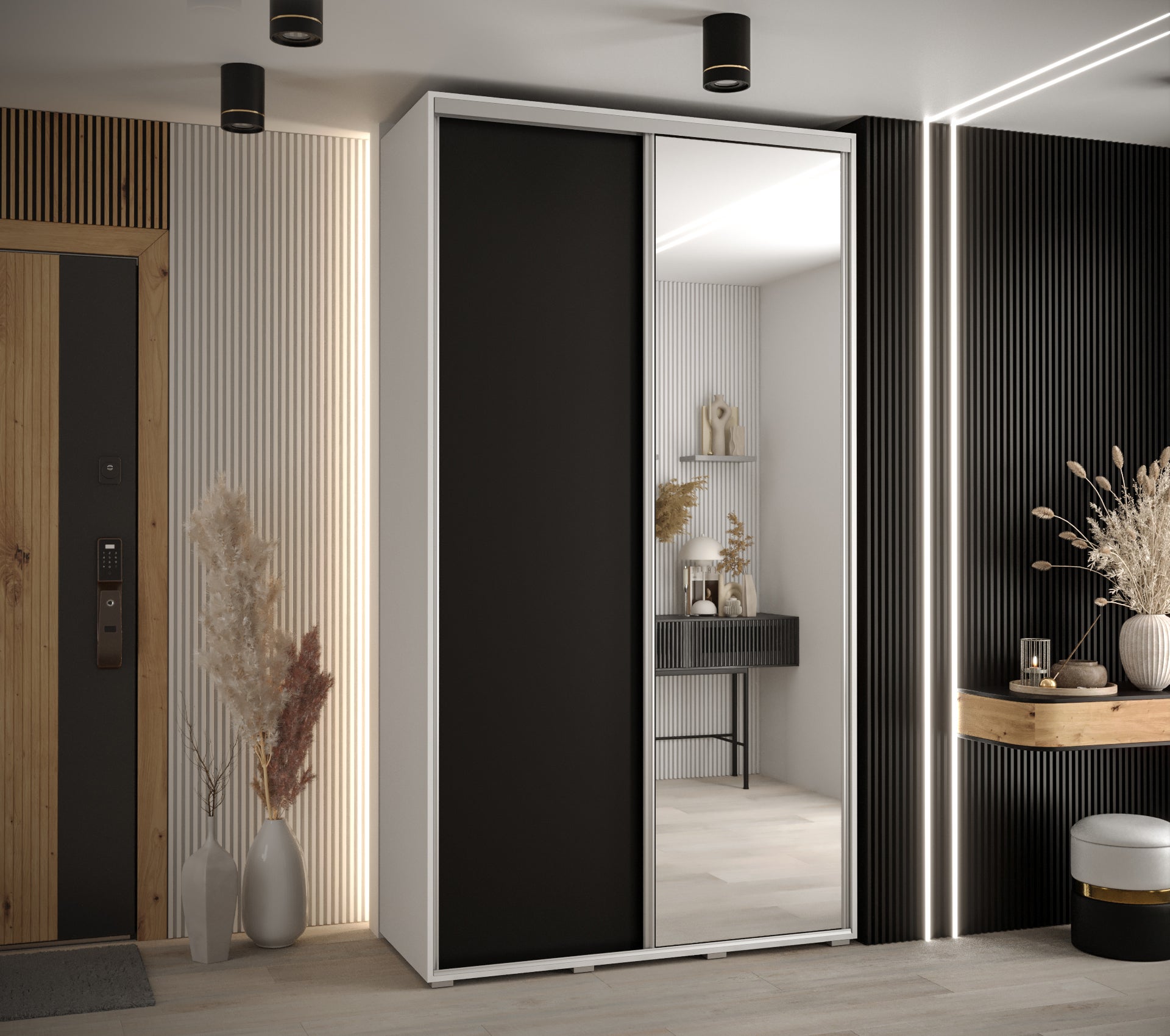 Szafa przesuwna z lustrem wysoka Davos 3 140 x 60 x 235,2 cm biały + czarny + u. srebrny - Abiks Meble - 2
