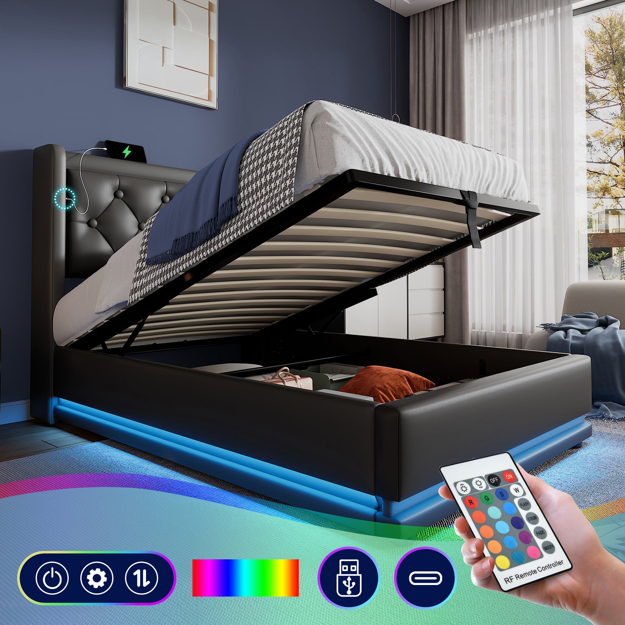 Letto Imbottito 140x200 Con Luci LED E USB - Letto Matrimoniale In Velluto Con Cassetto, Beige O Grigio - Foto 3