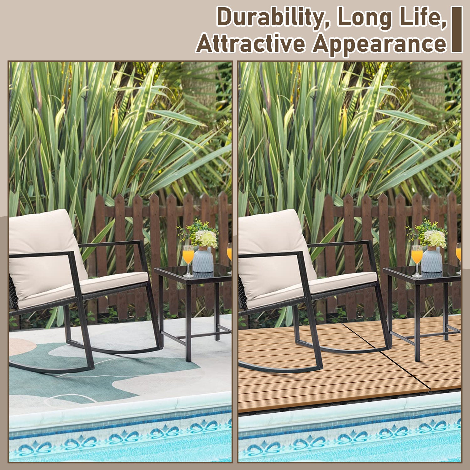 6 pièces WPC Dalles de terrasse 4 lattes 1 m², 30 x 60 cm, Dalles clipsables Composite bois Teck - 6