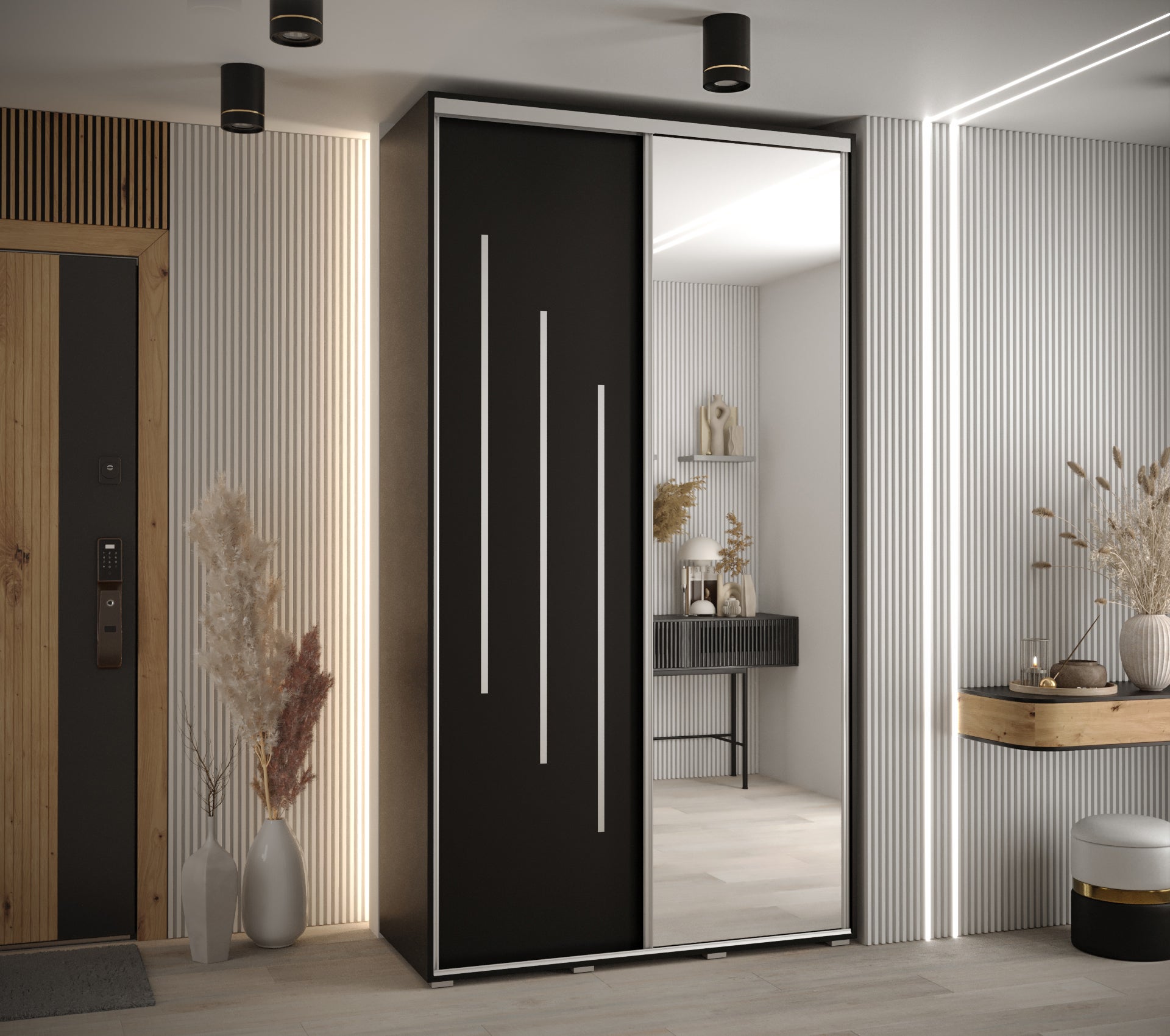 Szafa przesuwna z lustrem wysoka Davos 9 140 x 45 x 235,2 cm czarny + czarny + u. srebrny - Abiks Meble - 2