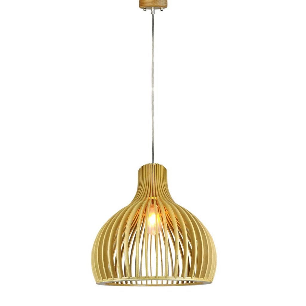Drewniana lampa wisząca LED z uchwytem na żarówkę E27 (maks. 60 W) z chromowaną nasadką i kloszem w kształcie lejka, średnica: 450*450 mm, kabel 1 m