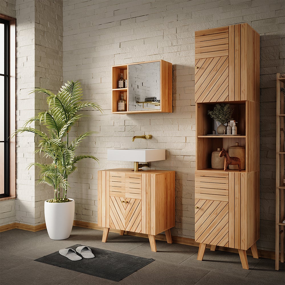 Vicco Armoire de salle de bain Lucie, Bambou, 40x177cm avec 2 portes - 3