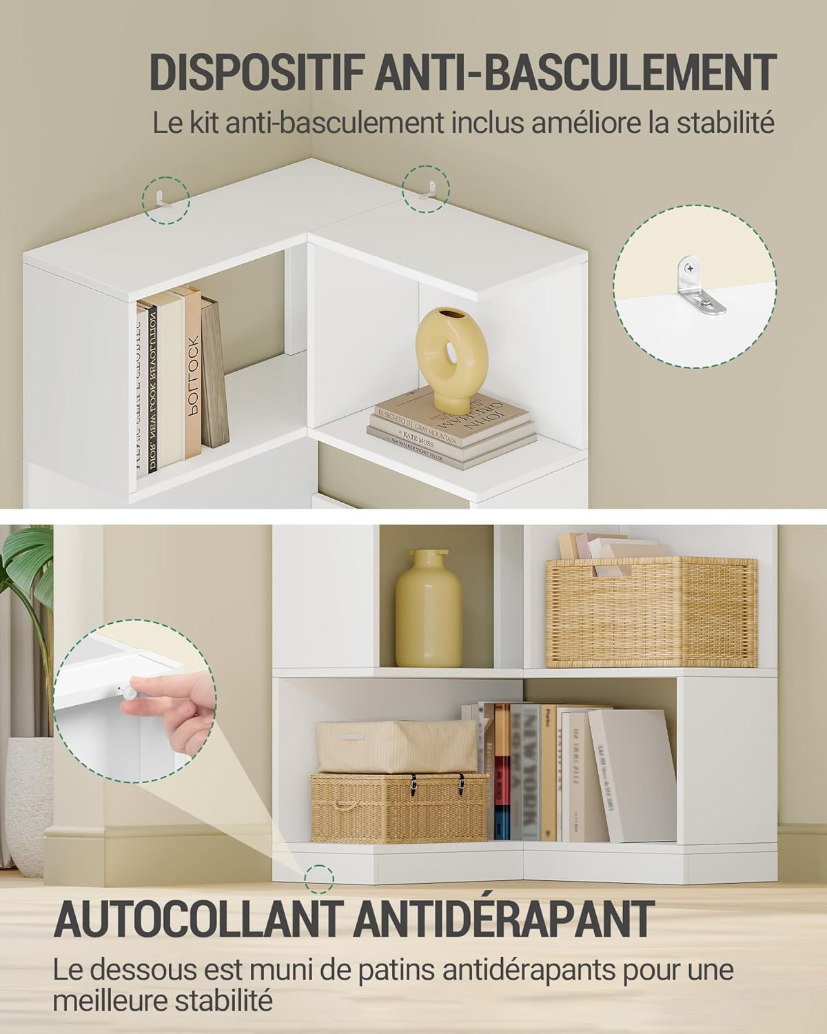 Bibliotheque, Bibliothèque d'angle à 7 Niveaux, étagère d'angle en Forme de L, Armoire d'angle pour Salon, Chambre, Bureau,Blanc - 6