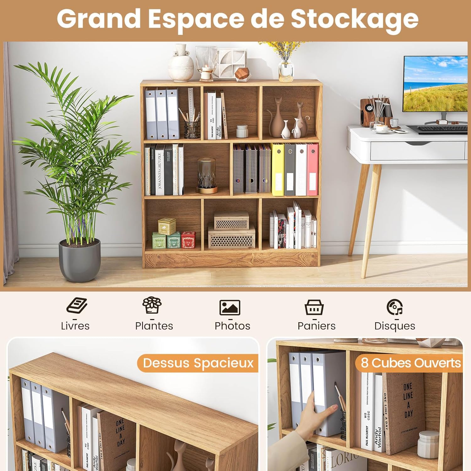 Étagère 8-Cube, Bibliothèque 3 Niveaux avec Compartiments Ouverts, 2 Kits Anti-basculement, Armoire Rangement pour Livres & Jouets, 100 x 24 x 104 cm - 4