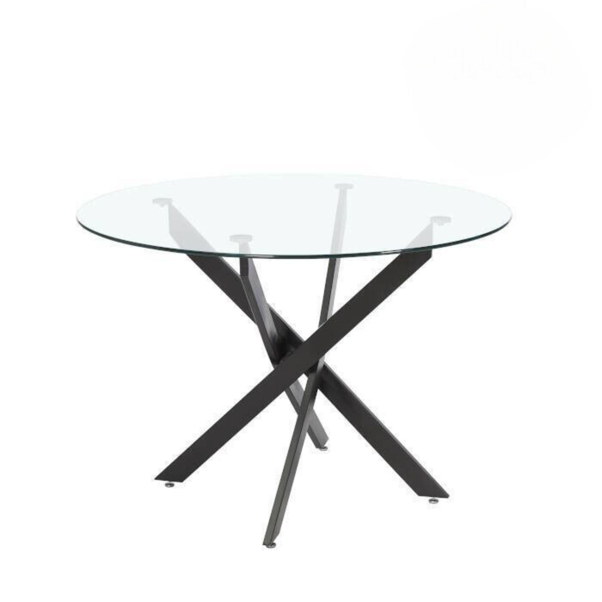 Okrągły stół z szklanym blatem i metalową konstrukcją w czarnym kolorze | Wymiary: 110 x 73 cm