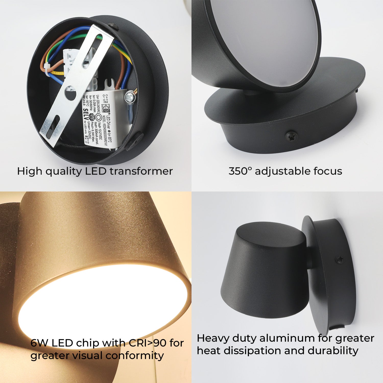 Aplique de Pared LED con Foco Orientable 6W, 2700K Luz Cálida de Lectura en Aluminio Negro, Diseño Nórdico Moderno - 7