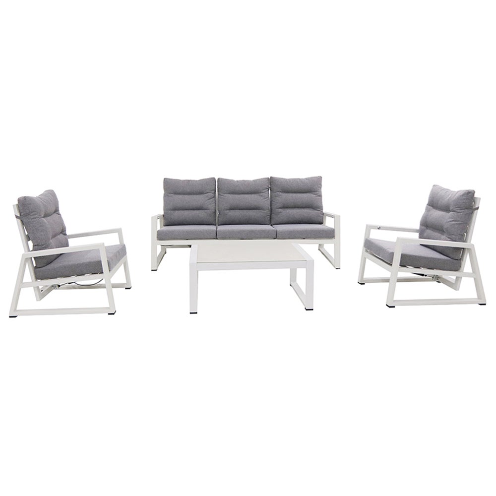 Tempo Style - Zestaw wypoczynkowy MIKONOS PLUS z aluminium, biało-szary | Zestaw wypoczynkowy z sofą, stołem i 2 fotelami | Zestaw mebli dla 5 osób