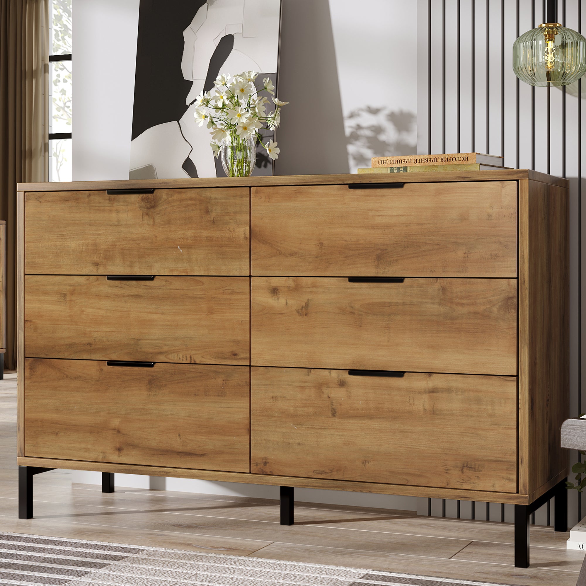 Commode de rangement imitation chêne - 130 X 41 X 83 Cm - Maison