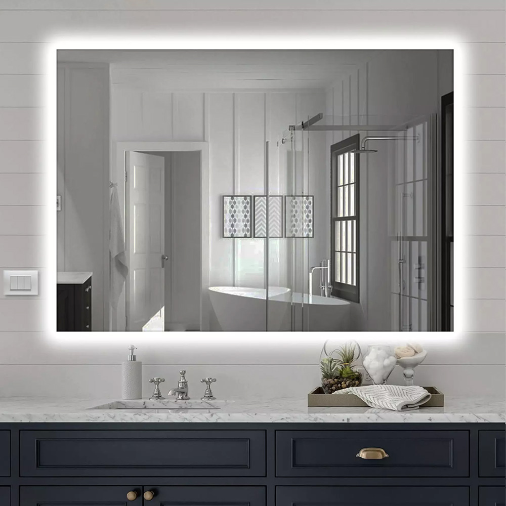 EMKE Specchio asimmetrico LED da bagno con illuminazione 70 x 50 cm, interruttore touch, 3 colori di luce, dimmerabile, senza appannamento, IP44, risparmio energetico