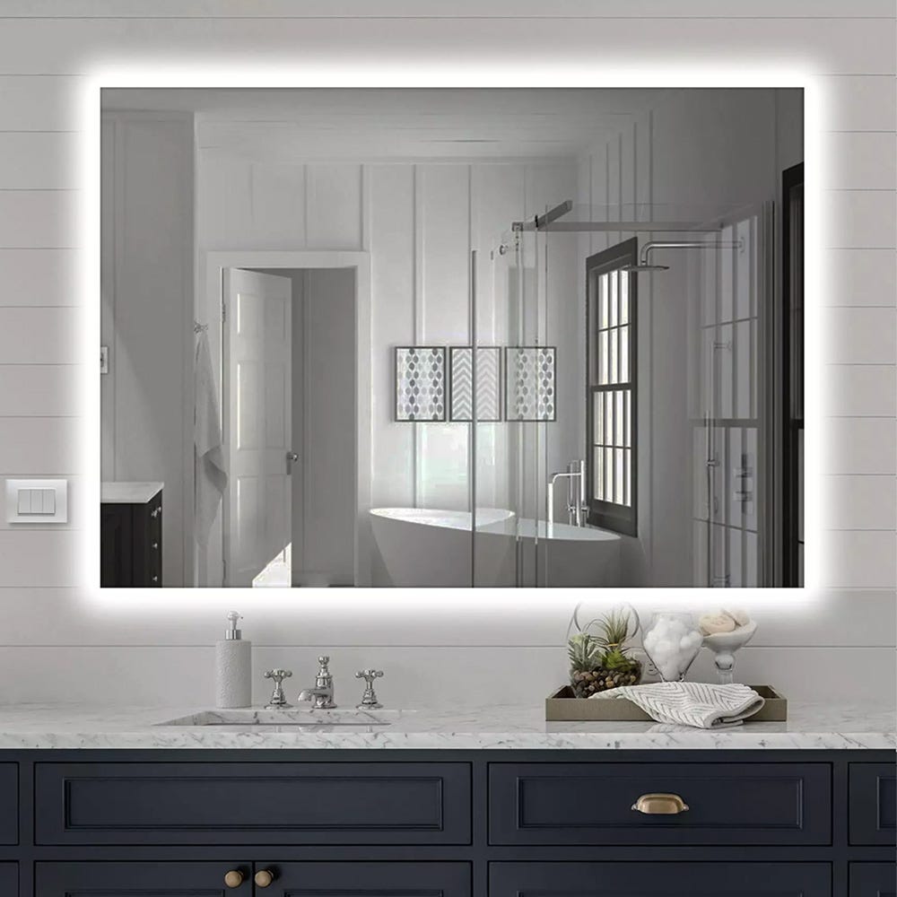 EMKE Specchio asimmetrico LED da bagno con illuminazione 70 x 50 cm, interruttore touch, 3 colori di luce, dimmerabile, senza appannamento, IP44, risparmio energetico EMKE Specchio asimmetrico LED da bagno con illuminazione 70 x 50 cm, interruttore touch, 3 colori di luce, dimmerabile, senza appannamento, IP44, risparmio energetico