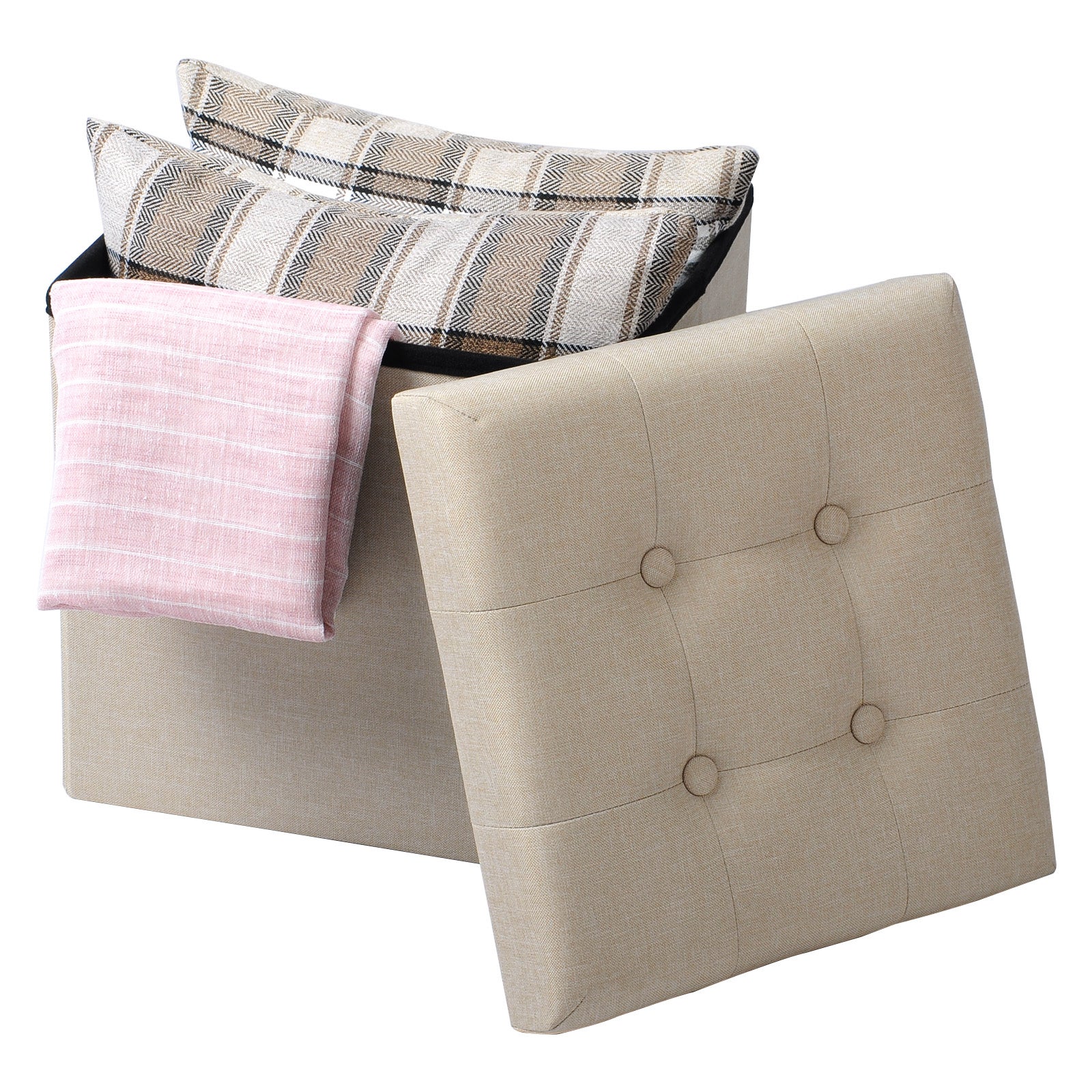 WOLTU Tabouret pouf coffre Boîte de rangement repose-pied cube，siège pliable，gagner de l'espace 37，5x37，5x38cm，Crème Blanc - 3