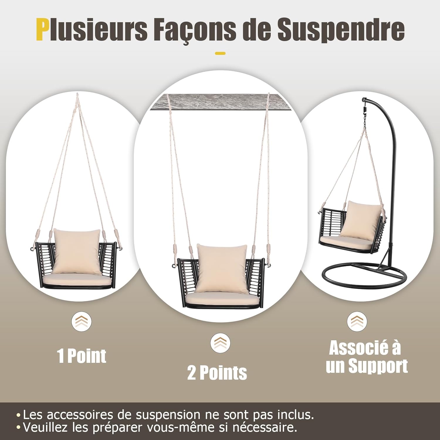 Chaise Balançoire d'Extérieur en Rotin, Balancelle avec Coussins de Siège et de Dossier, 2 Cordes de Suspension, Cadre en Métal, Charge 180 kg - 3